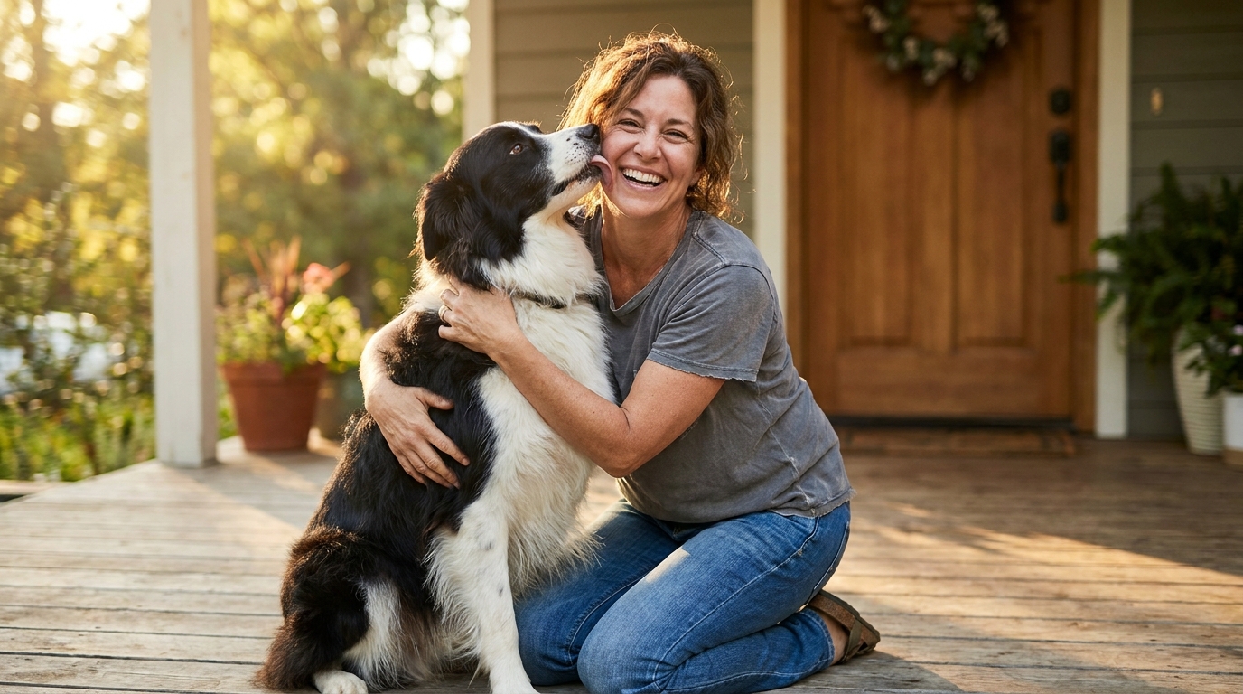 Une femme en tenue décontractée, genoux à terre, serre joyeusement son chien dans ses bras, le chien lui lèche le visage avec enthousiasme.