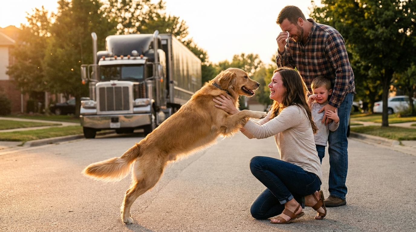 Un Golden Retriever saute de joie dans les bras de sa propriétaire lors de leurs émouvantes retrouvailles devant leur maison.