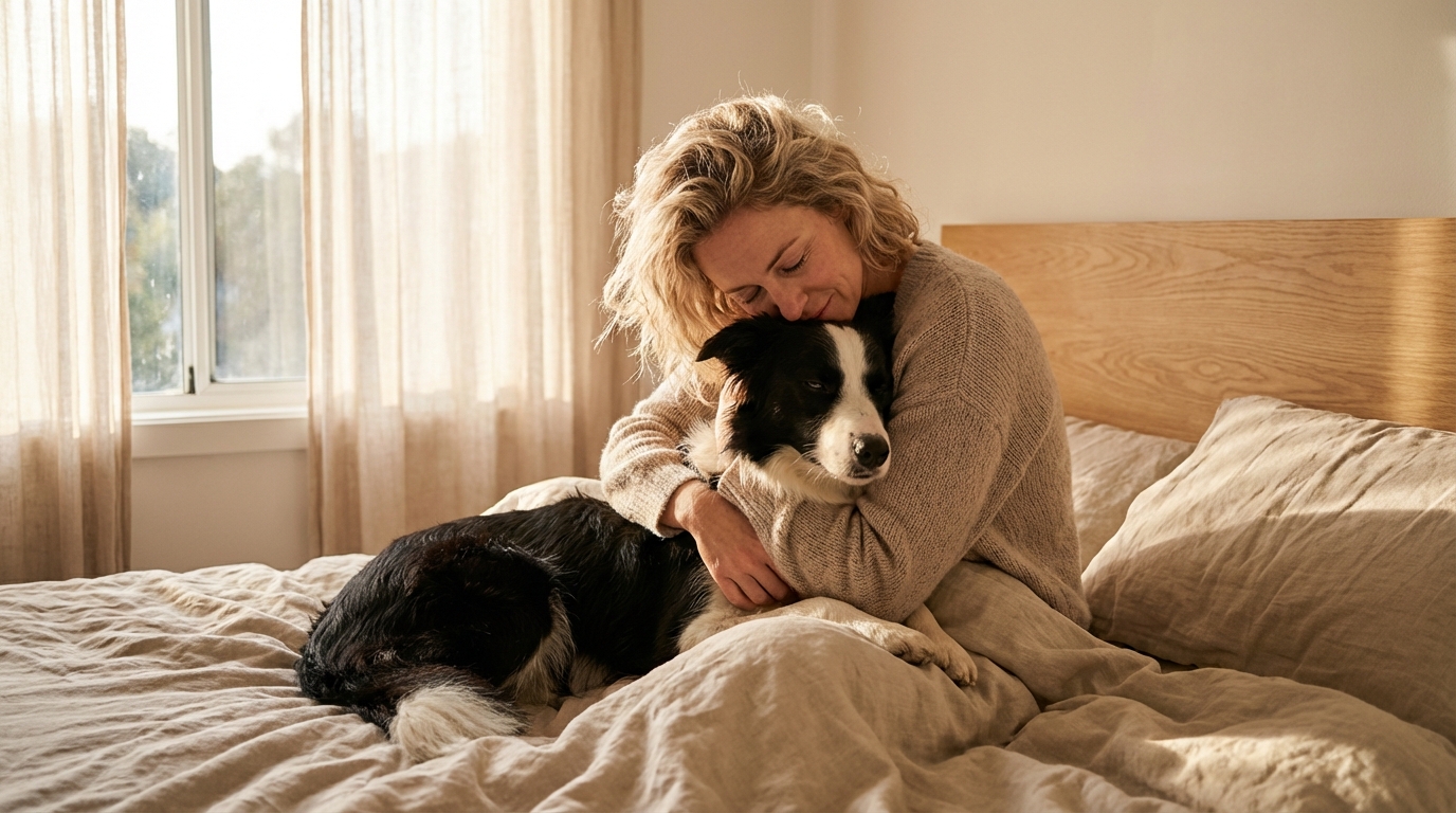 Une chienne Border Collie, l'air soulagée, blottie dans les bras de sa maîtresse sur un lit d'hôpital, illustrant leurs retrouvailles.