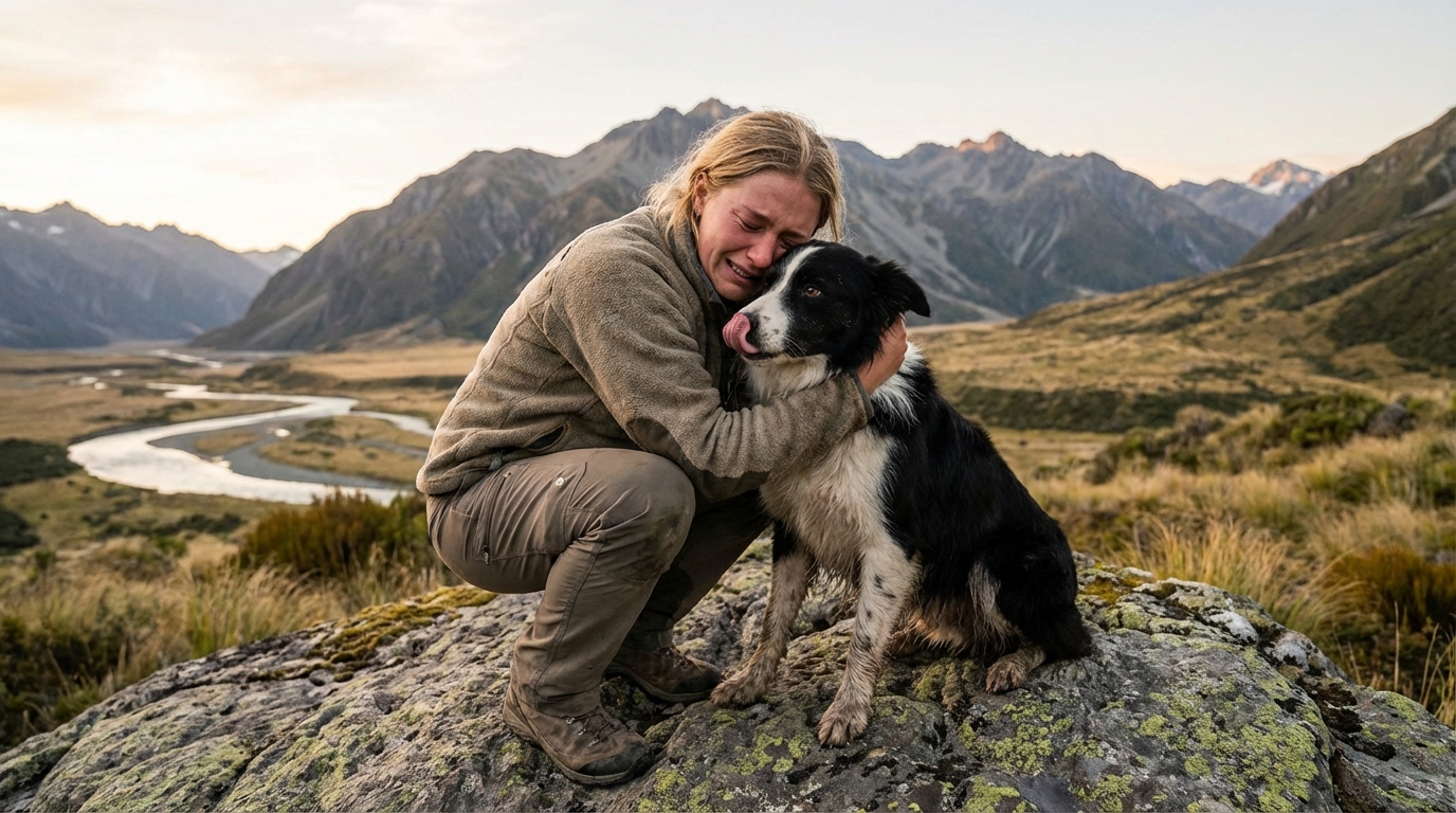 Une femme, assise, serre tendrement dans ses bras son chien de race Border Collie dans un paysage de montagne sauvage.