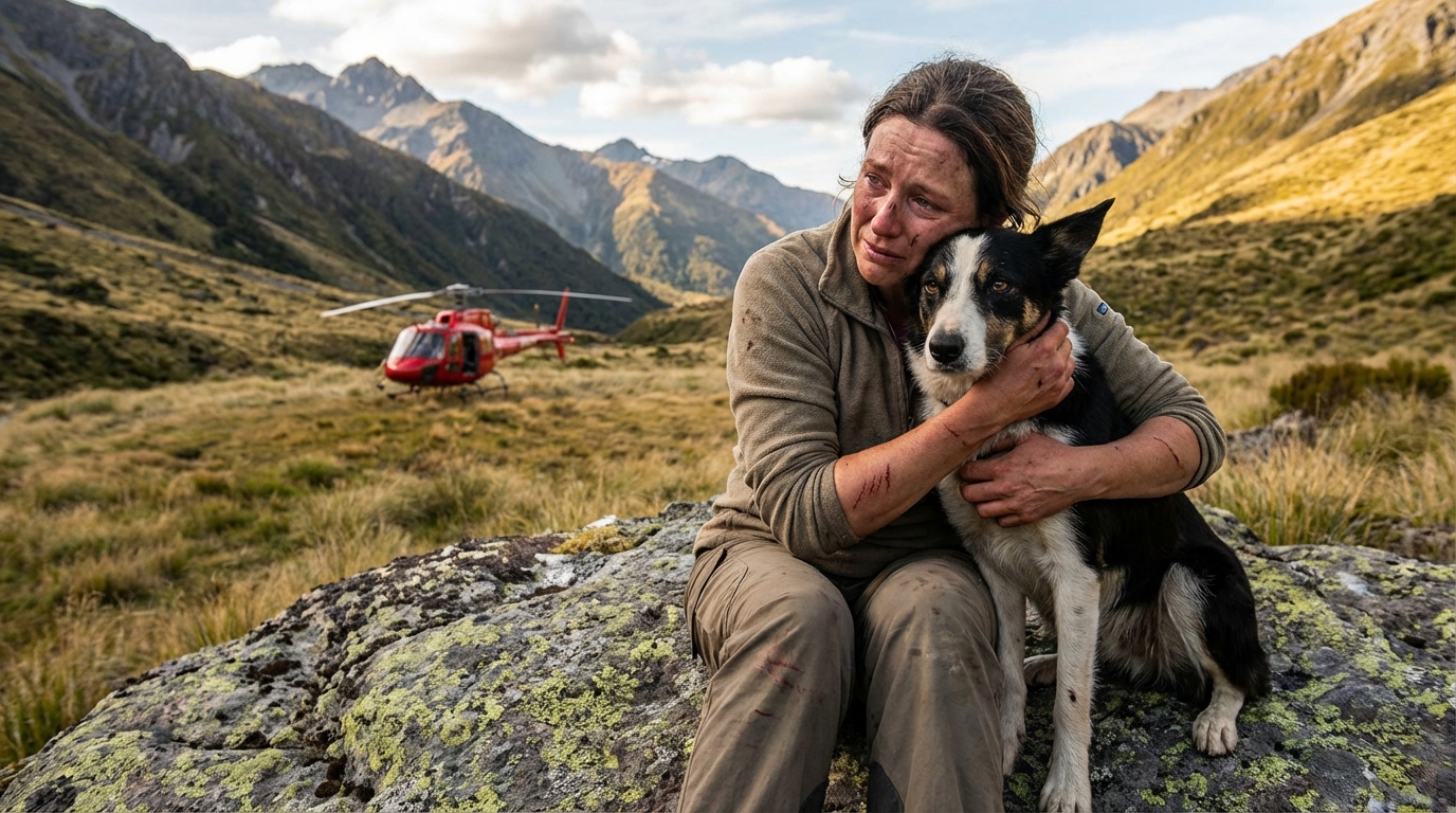 Une femme, assise, serre tendrement dans ses bras sa chienne de type Border Collie dans un décor montagneux au crépuscule.