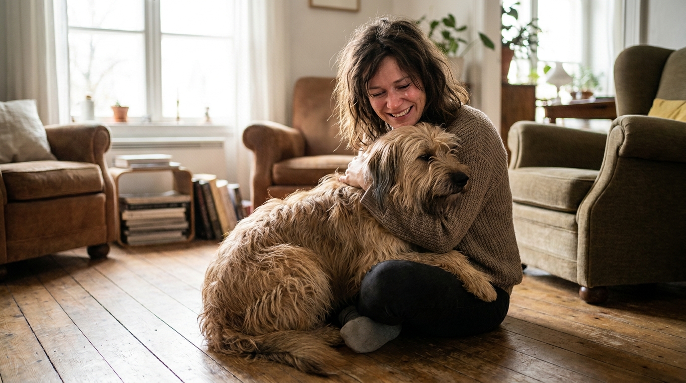 Une jeune femme sourit en câlinant tendrement son chien de type berger des Pyrénées, Suzette, qui est blottie contre elle dans un panier.