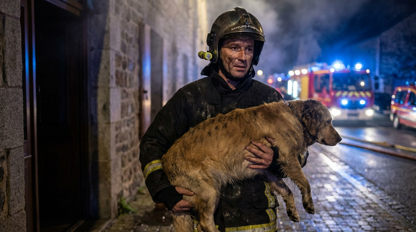 Un sapeur-pompier français porte avec soin un chien couvert de suie, l'éloignant d'un bâtiment après un incendie.