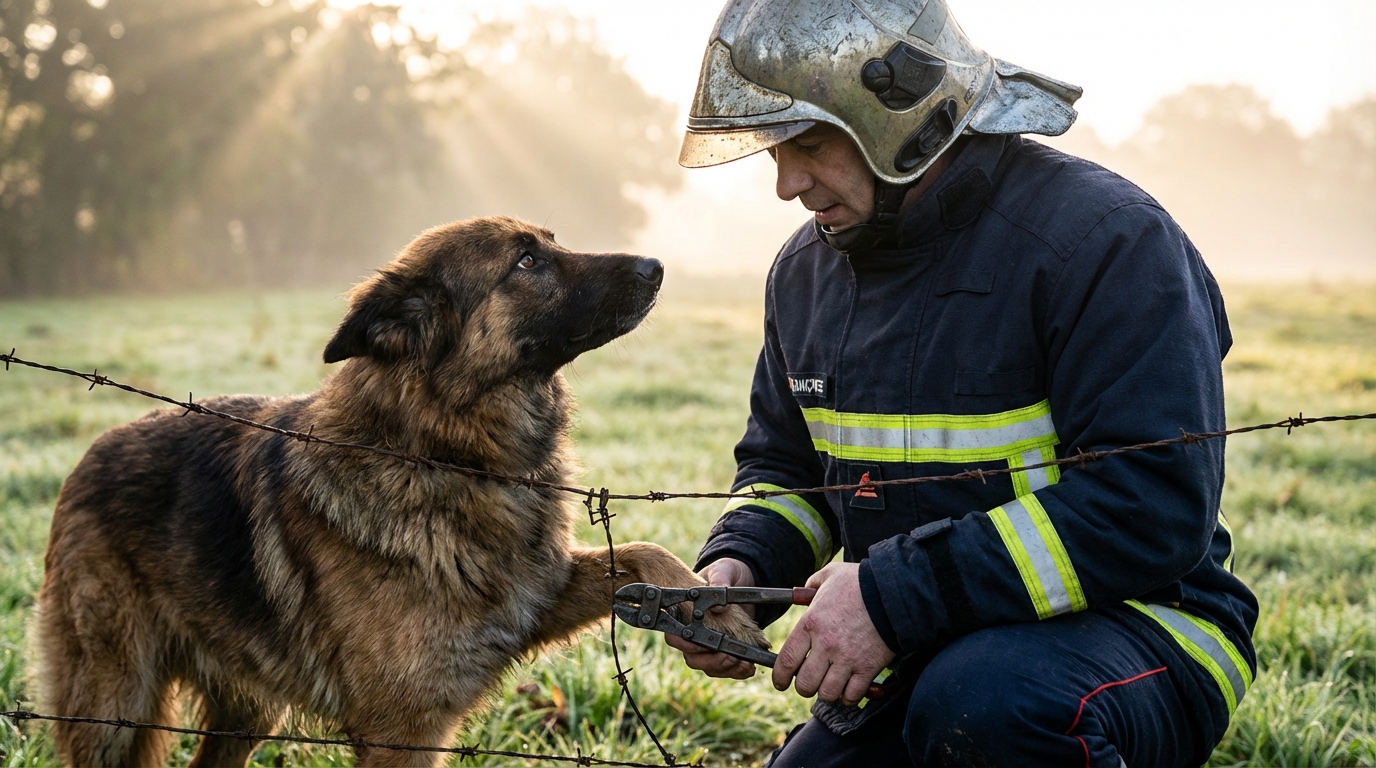 Un sapeur-pompier français en uniforme libère avec précaution un chien de taille moyenne piégé dans une clôture de barbelés.
