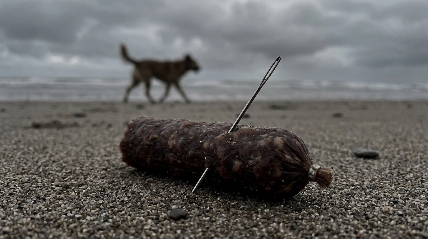 Gros plan sur un morceau de saucisson posé sur le sable, une aiguille pointue est plantée à l'intérieur, représentant un danger pour les chiens.