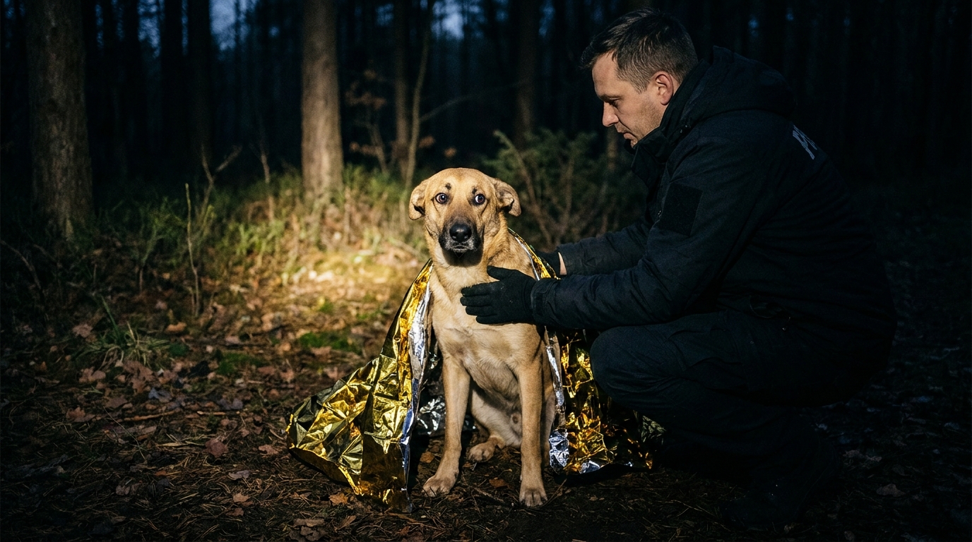 Un bénévole d'une association réconforte un chien au regard triste et apeuré, enveloppé dans une couverture, après son sauvetage.