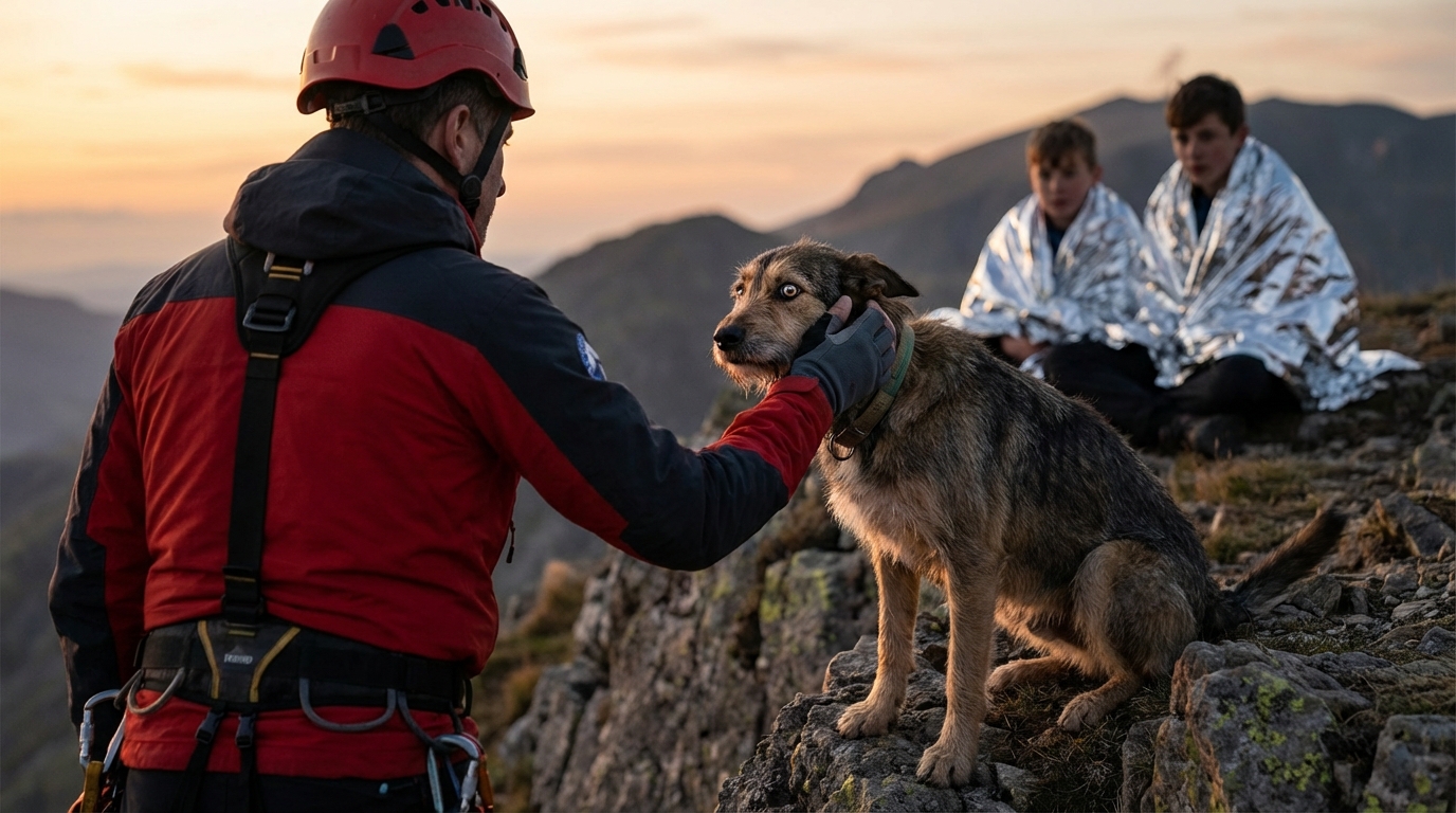 Un secouriste en montagne rassure un chien terrifié près d'une falaise, avec deux enfants en arrière-plan au crépuscule.