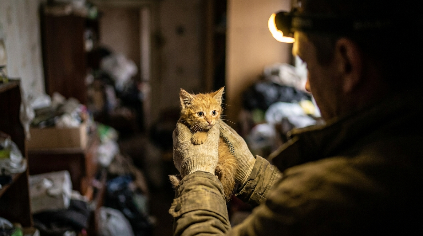 Un sauveteur d'une association de protection animale tenant avec douceur un chaton effrayé dans ses bras après un sauvetage difficile.