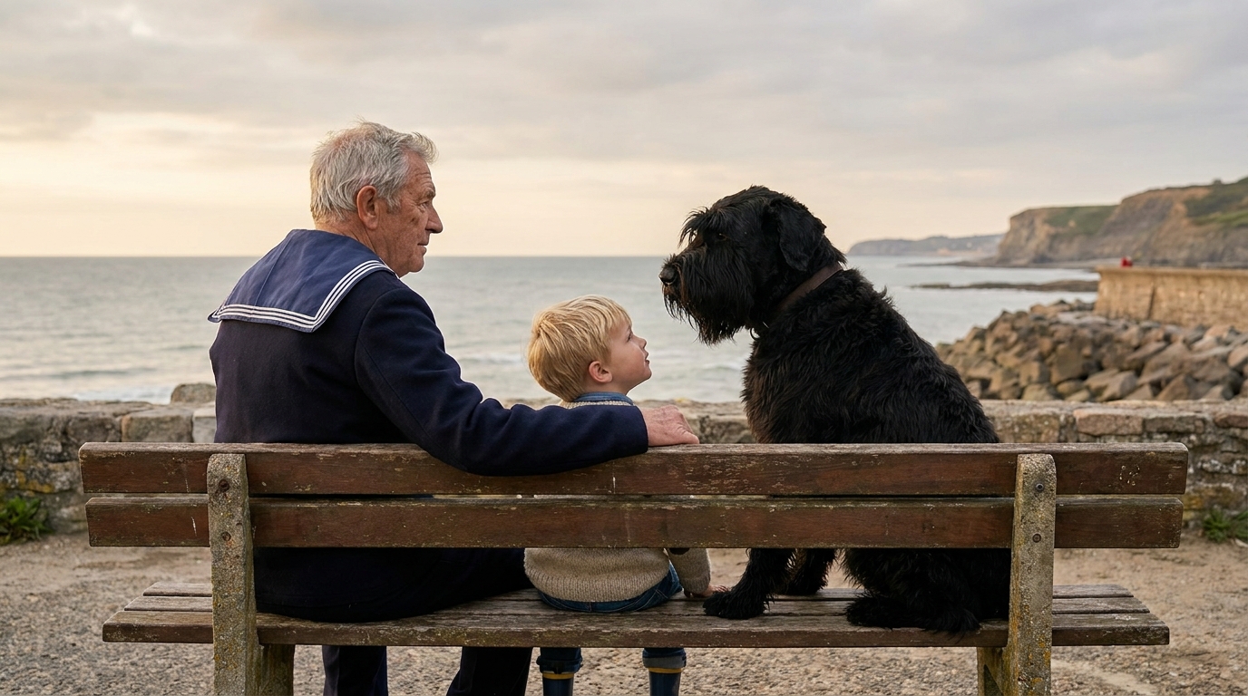 Un schnauzer géant assis calmement, regardant avec une expression douce, illustrant le tempérament souvent placide de cette race de chien.