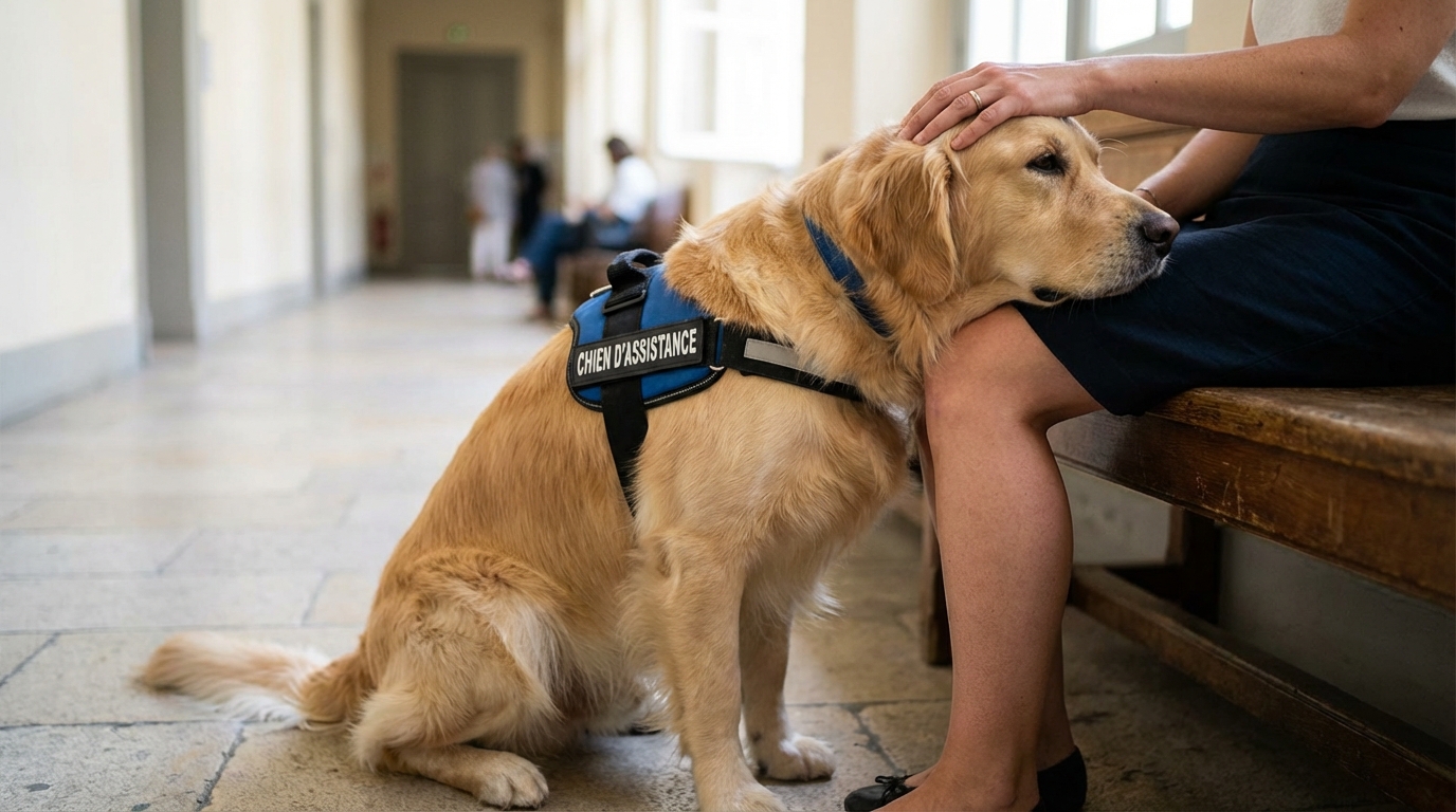 Scout, un adorable Golden Retriever portant un harnais de chien d'assistance, assis calmement dans une salle d'audience.