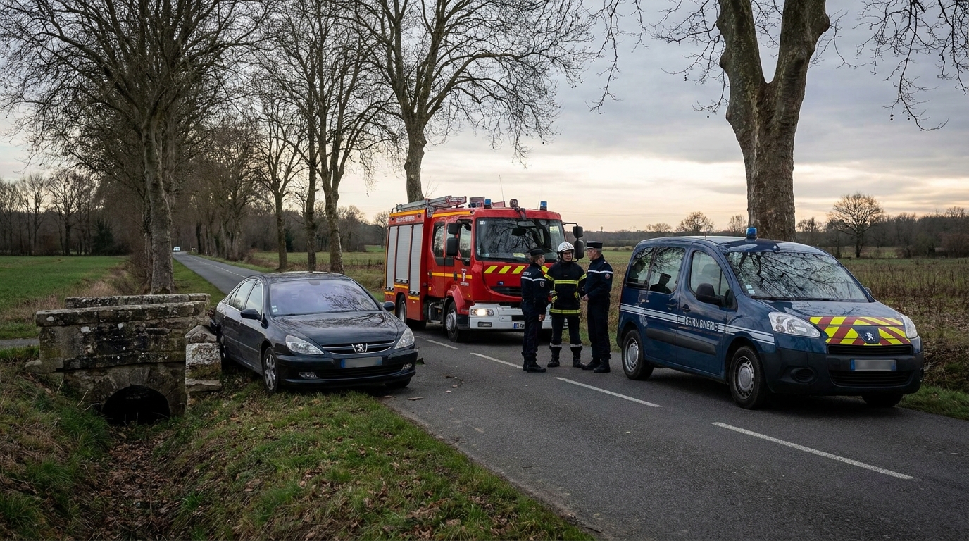 Une voiture accidentée près d'un pont avec des pompiers et des gendarmes sur les lieux, illustrant un drame routier.