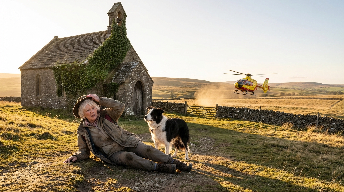 Un hélicoptère de secours atterrissant dans un champ verdoyant près d'un sentier de randonnée pour aider une personne blessée.
