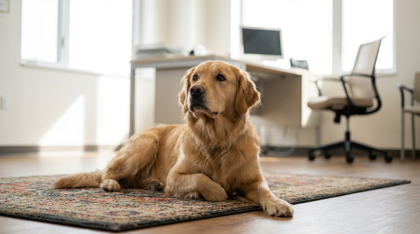 Un adorable golden retriever couleur sable, couché calmement sur un tapis dans une infirmerie de collège lumineuse et accueillante.