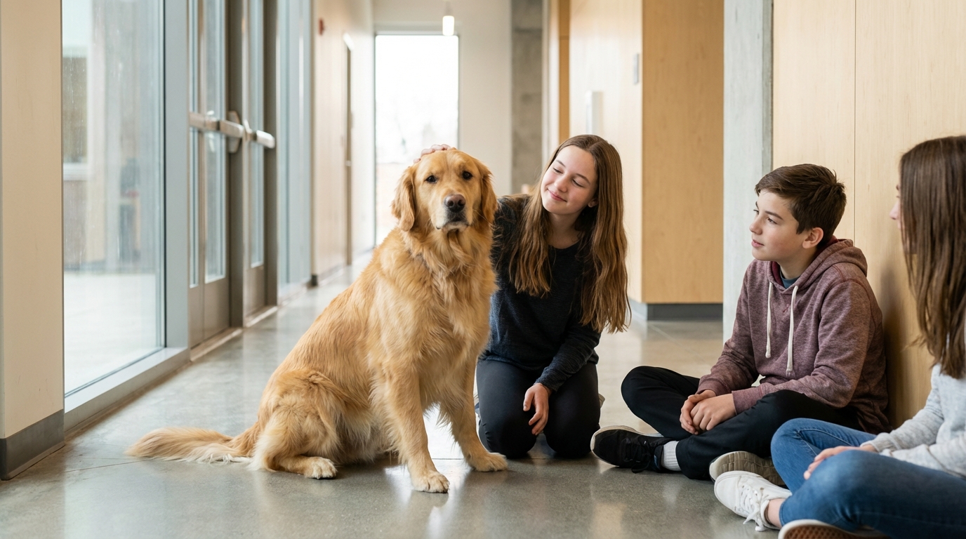 Un adorable Golden Retriever nommé Sherlock, assis sagement dans le couloir d'un collège, regardant des élèves avec douceur.