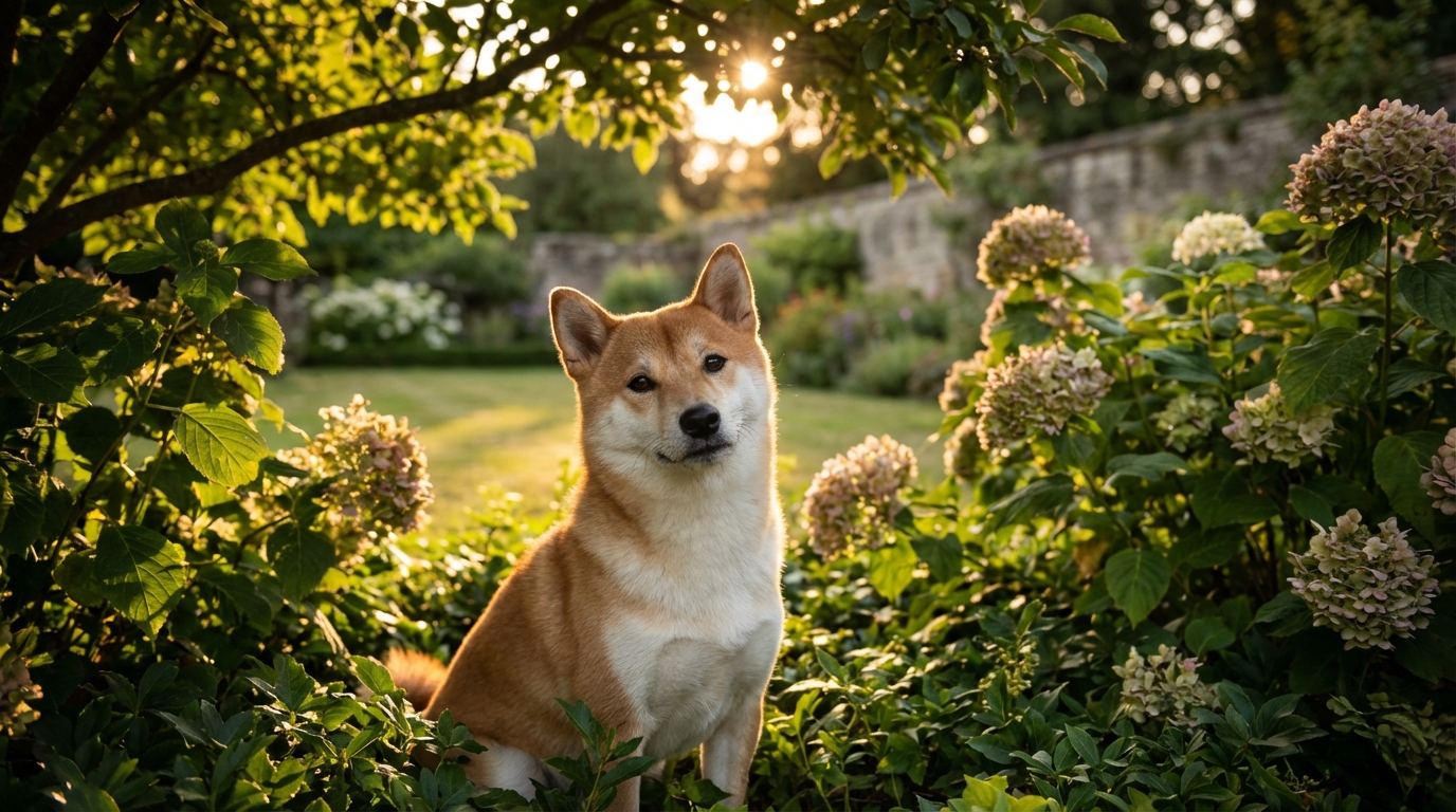 Un Shiba Inu au pelage roux et blanc, l'air alerte et curieux, assis dans un jardin verdoyant, symbolisant la vigilance des maîtres.