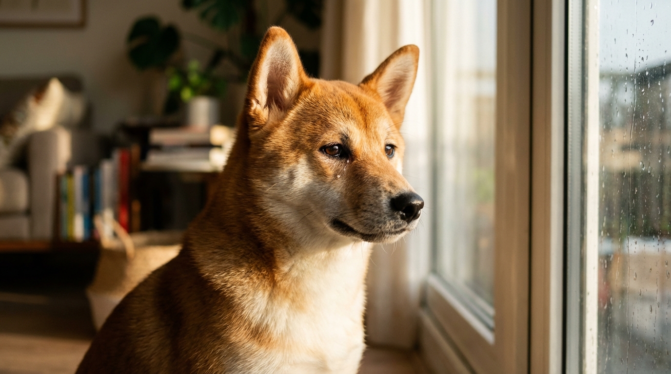 Un jeune chien Shiba Inu à l'air mélancolique regarde dehors, symbolisant la tristesse et le danger d'empoisonnement qui guette les animaux.