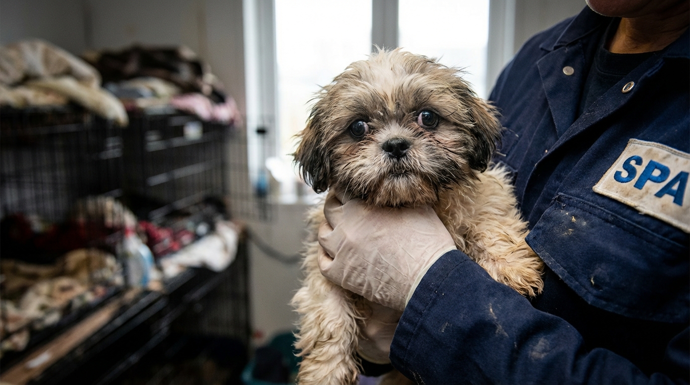 Un petit chien Shih Tzu au regard triste mais plein d'espoir, blotti dans les bras réconfortants d'un sauveteur de la SPA.