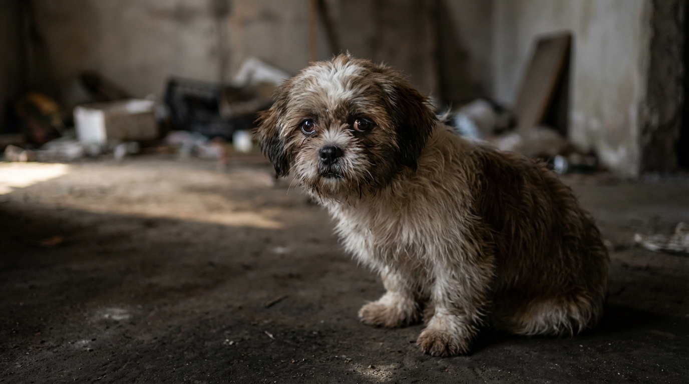 Un jeune chiot Shih Tzu au regard triste et apeuré, symbolisant le sauvetage d'un animal victime de maltraitance.