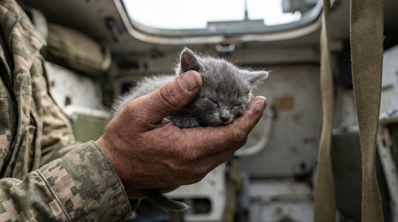 Un soldat en uniforme militaire tient délicatement dans ses mains un tout petit chaton gris endormi, illustrant un sauvetage inattendu.