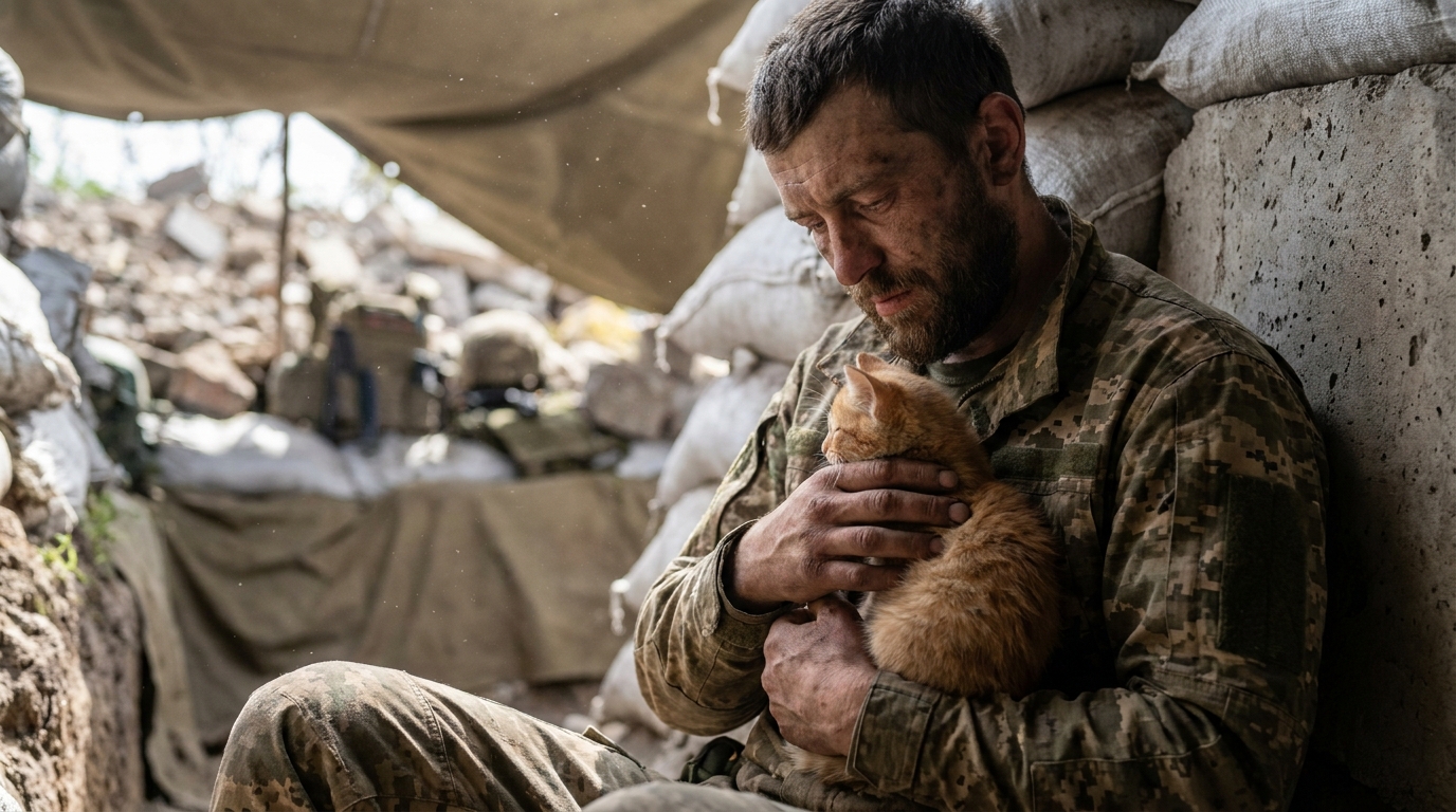 Un soldat en uniforme militaire caresse doucement un petit chat qu'il tient dans ses bras, le regard empreint de tendresse et de soulagement.