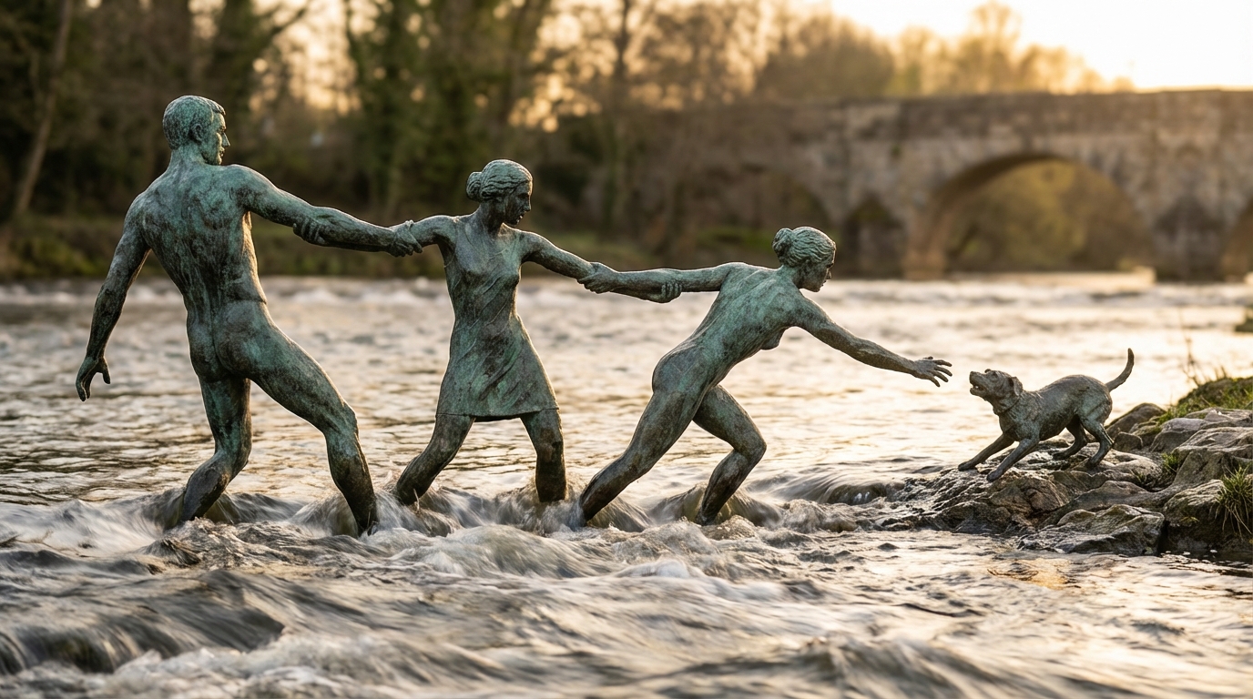 Une sculpture en métal représentant quatre personnes formant une chaîne humaine pour sauver un chien d'une rivière.