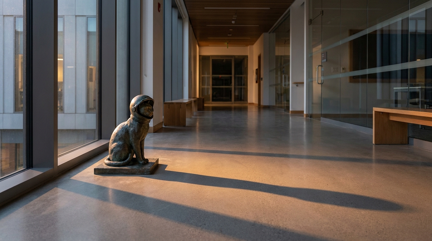 Statue en bronze représentant la chatte astronaute Félicette, regardant vers le ciel, symbolisant son voyage et son sacrifice pour la conquête spatiale.