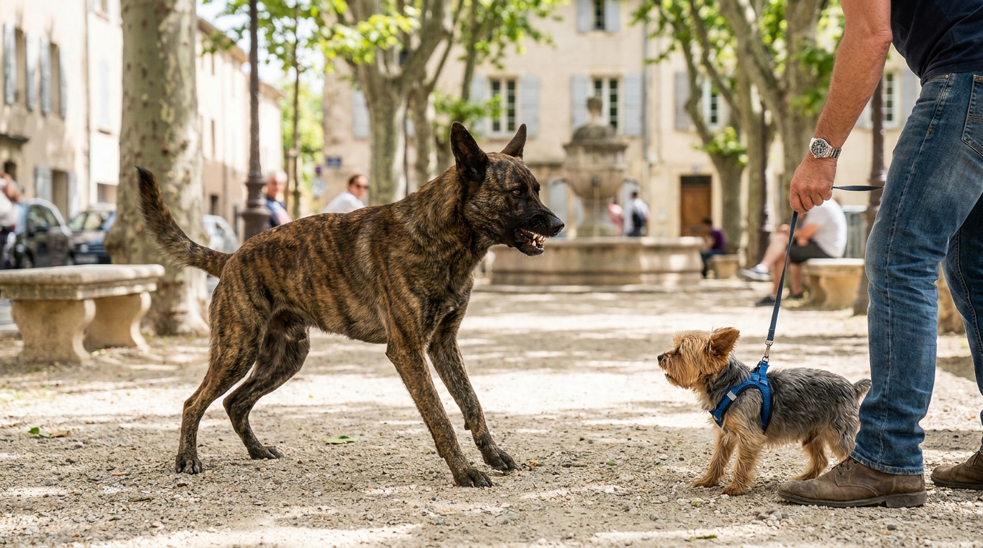 Un grand chien non tenu en laisse grogne agressivement vers un petit chien tenu en laisse par son propriétaire inquiet dans un parc.