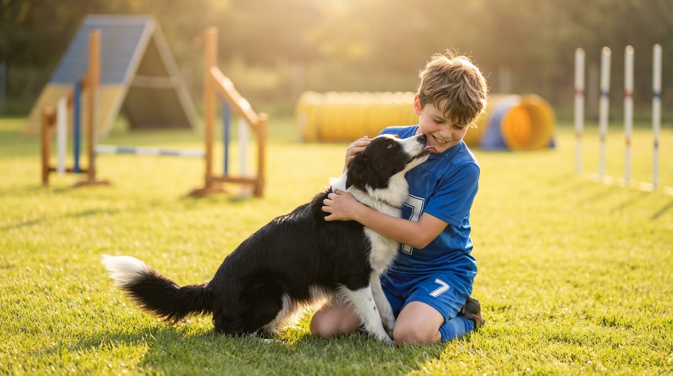 Un jeune garçon de 11 ans, concentré et souriant, se prépare à un parcours d'agility avec son chien complice au bord d'un terrain.