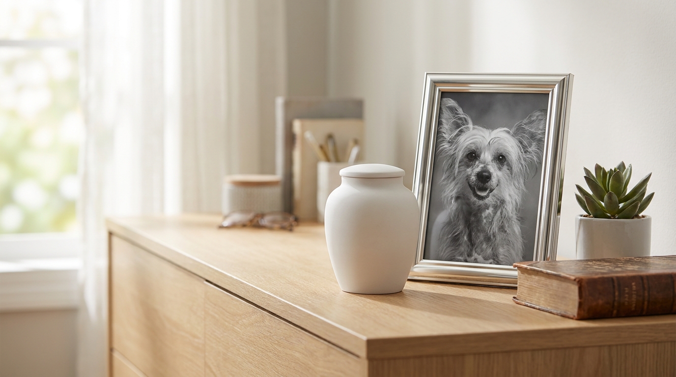 Une petite urne funéraire pour animal de compagnie posée près d'un cadre photo montrant un joyeux petit chien chinois à crête.