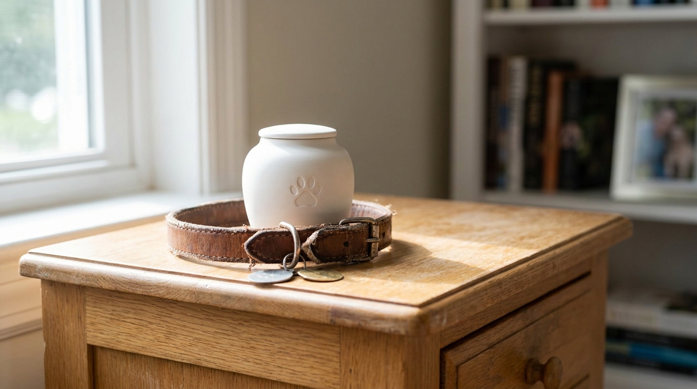 Une petite urne funéraire sobre posée sur une étagère en bois, symbolisant l'hommage rendu à un animal de compagnie bien-aimé.