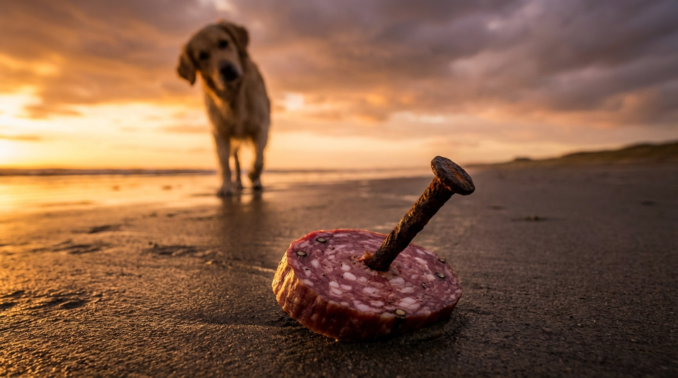 Un morceau de viande suspect posé sur le sable d'une plage, évoquant le danger des appâts empoisonnés pour les chiens.