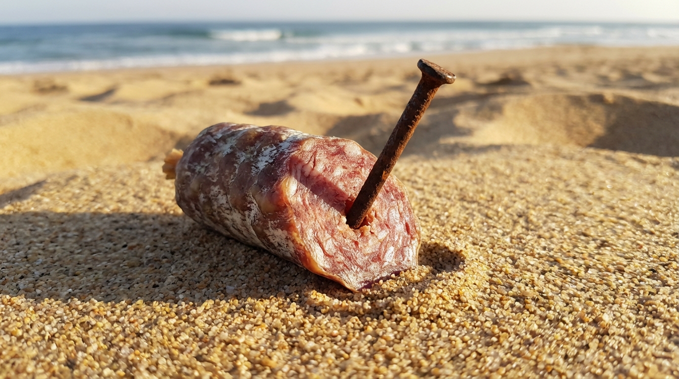 Un morceau de saucisson contenant un clou, un piège dangereux pour les chiens, posé sur le sable d'une plage.