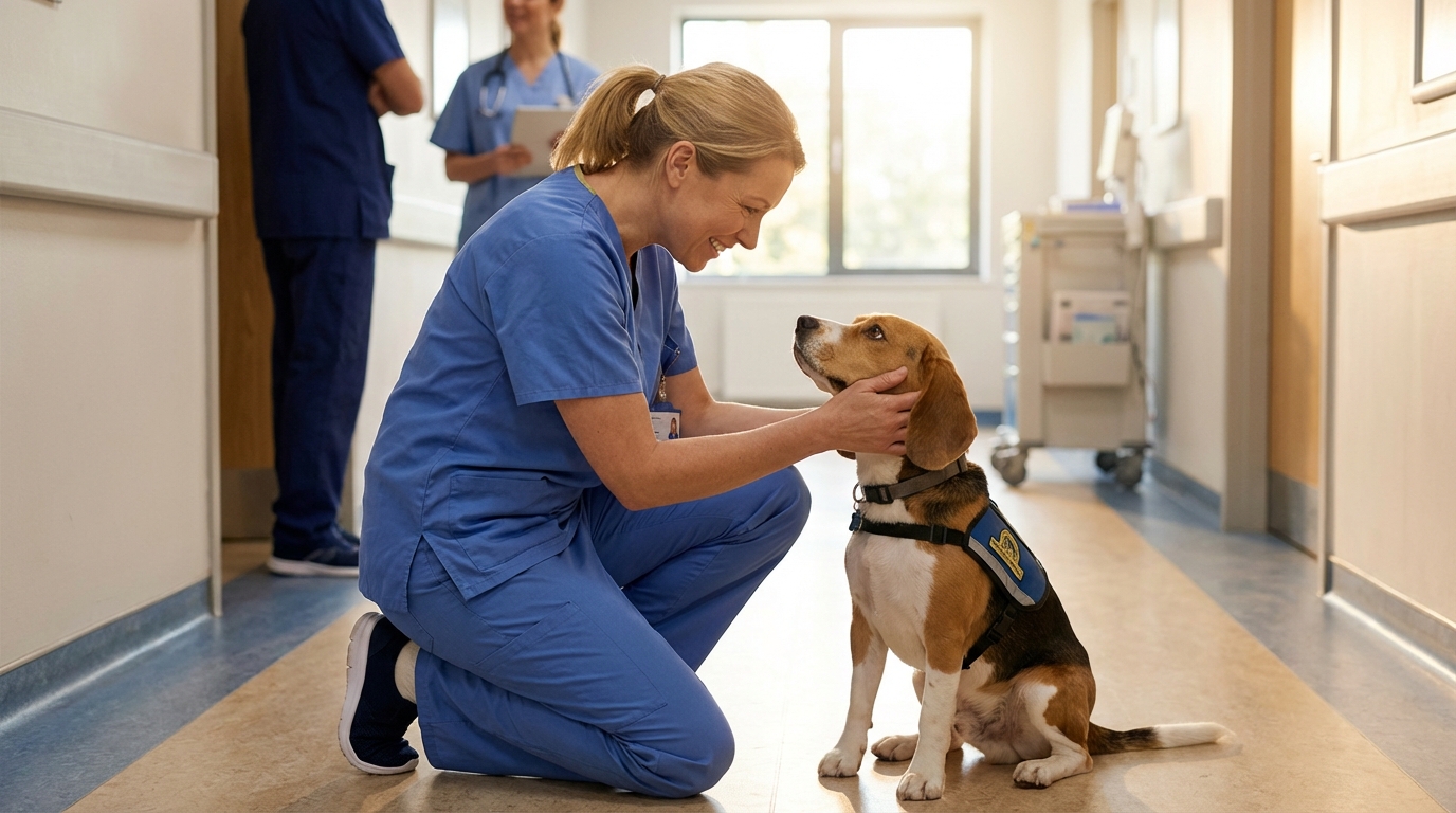 Victoire, une jeune chienne Beagle, assise sagement dans le couloir d'un hôpital, regardant doucement un soignant.