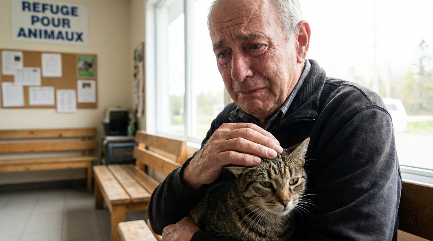 Un homme âgé au visage triste regarde tendrement sa chatte tigrée qu'il tient dans ses bras, une larme à l'œil.