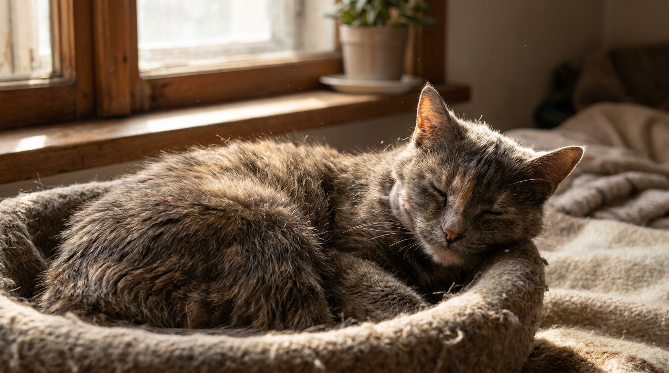 Une vieille chatte à la fourrure grisonnante dormant paisiblement dans un panier douillet après avoir reçu des soins vétérinaires.