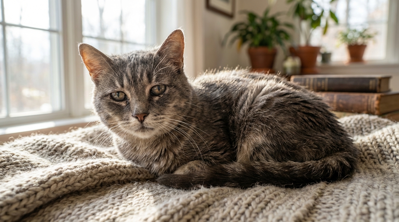 Un vieux chat gris tigré, à l'air triste et fatigué, couché sur une couverture, symbolisant la souffrance et l'injustice animale.