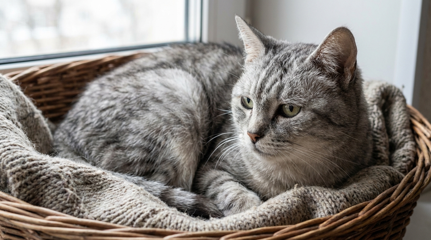 Un vieux chat gris tigré, à l'air triste et fatigué, couché sur une couverture douce, symbolisant la vulnérabilité.