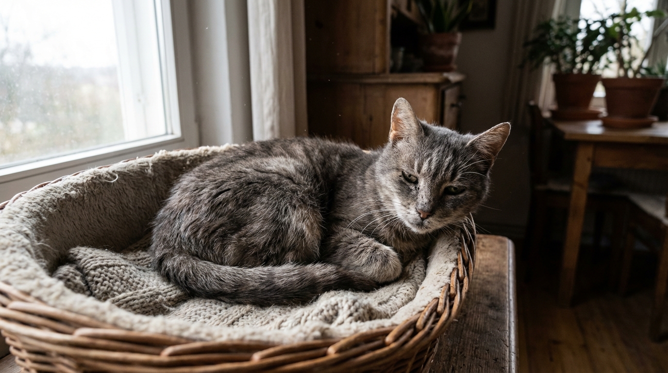 Grigri, un chat gris de 15 ans, couché sur une couverture, le regard triste et fatigué après avoir été blessé par des tirs de plomb.