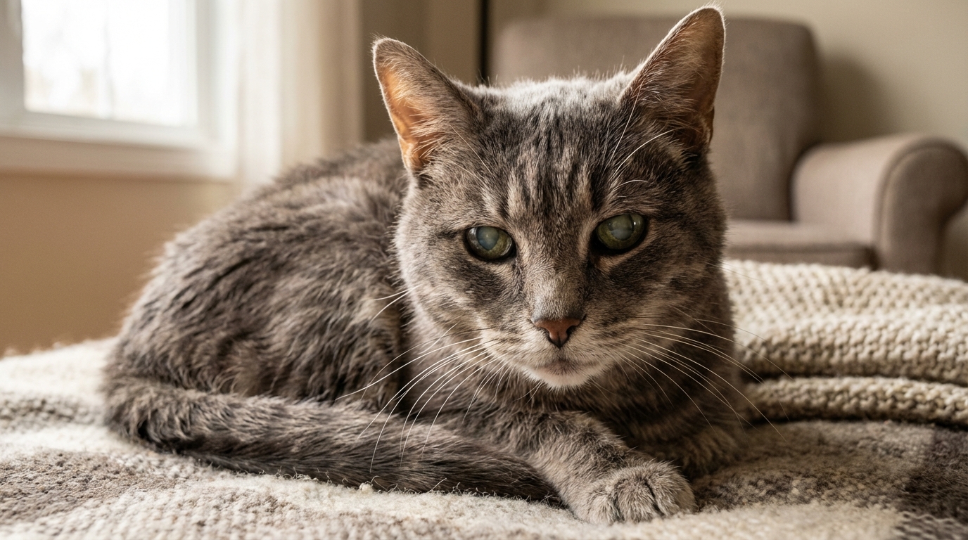 Un vieux chat gris tigré, à l'air triste et fatigué, est couché sur une couverture douce, symbolisant la vulnérabilité et la cruauté animale.