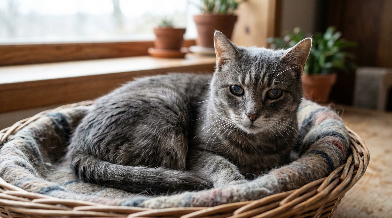 Un vieux chat gris tigré au regard triste et fatigué, couché dans un panier, symbolisant la vulnérabilité des animaux face à la cruauté.