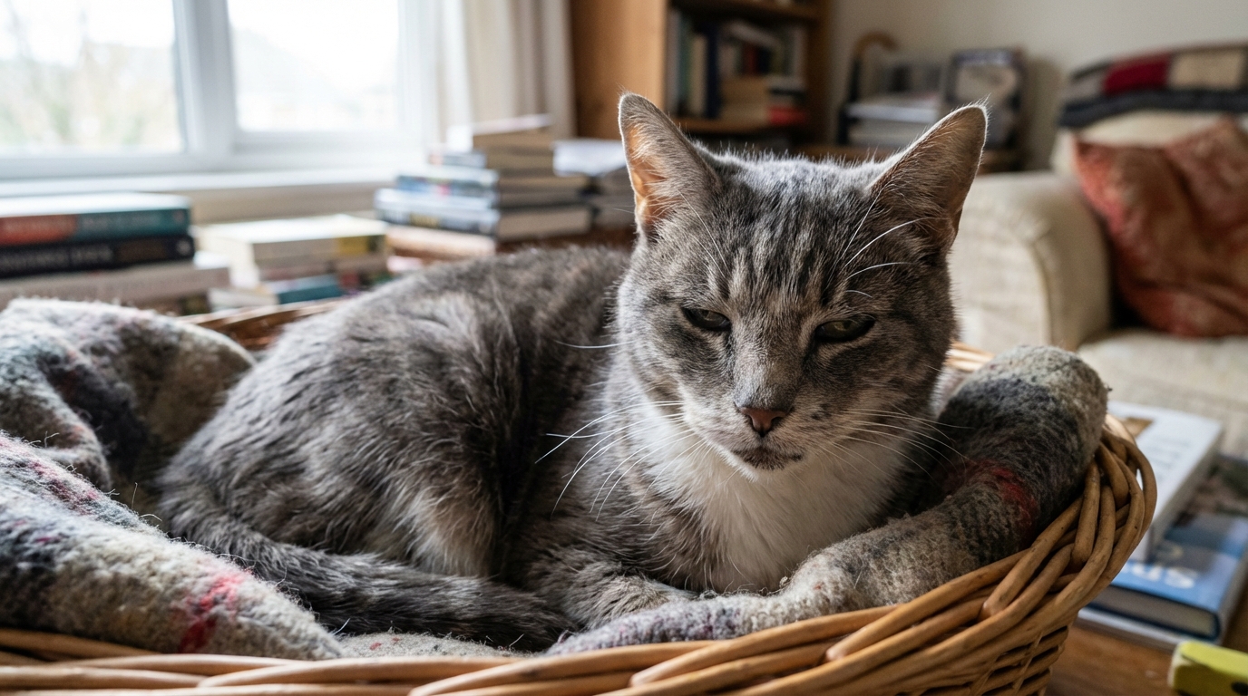 Un chat âgé gris tigré, couché dans un panier, regarde avec des yeux fatigués, symbolisant la souffrance animale.