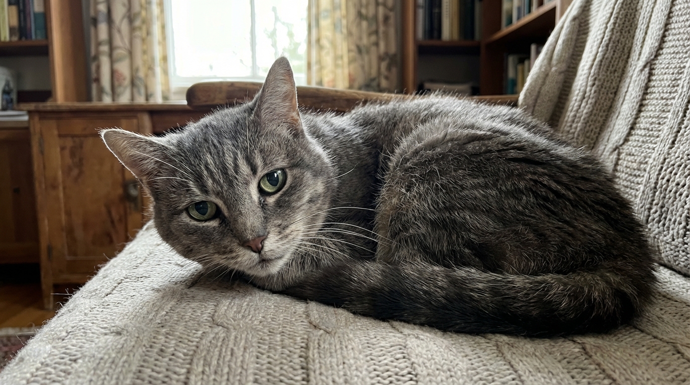 Un vieux chat gris tigré, à l'air fatigué et triste, couché sur une couverture, symbolisant la vulnérabilité de Grigri.