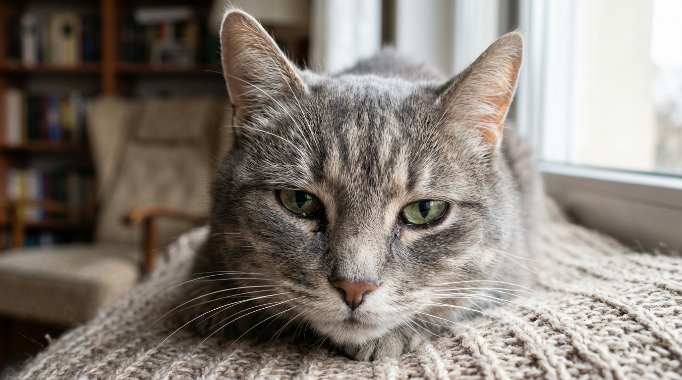 Un vieux chat gris tabby au regard triste, couché sur une couverture, symbolisant la vulnérabilité des animaux face à la cruauté.