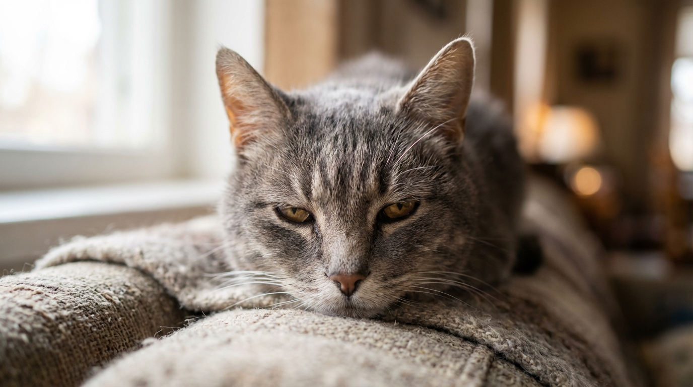 Un vieux chat tigré gris allongé sur une couverture, le regard empreint de tristesse, symbolisant la souffrance animale.