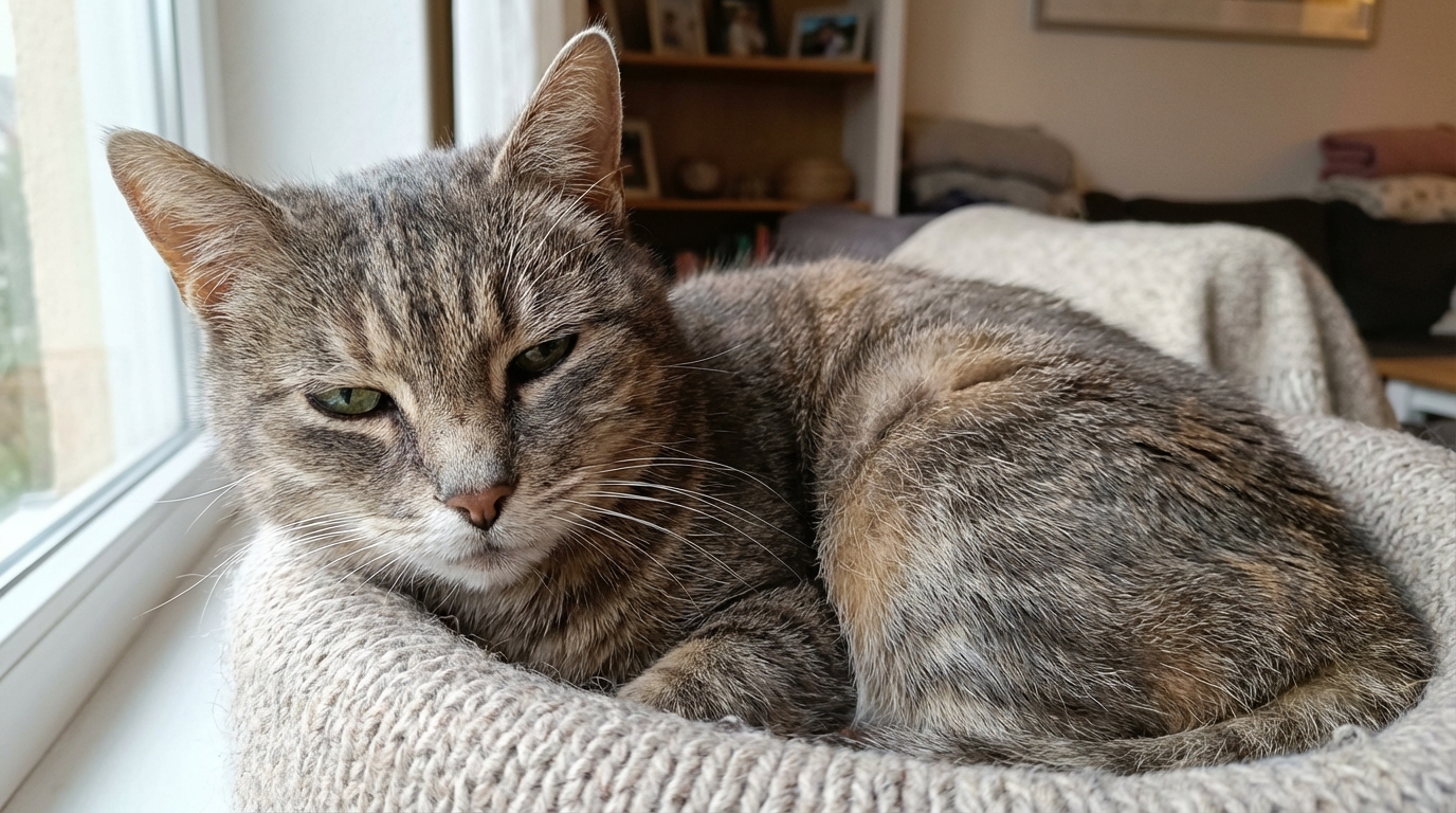 Un vieux chat tigré au regard triste, couché dans son panier, symbolisant la souffrance animale et la cruauté.