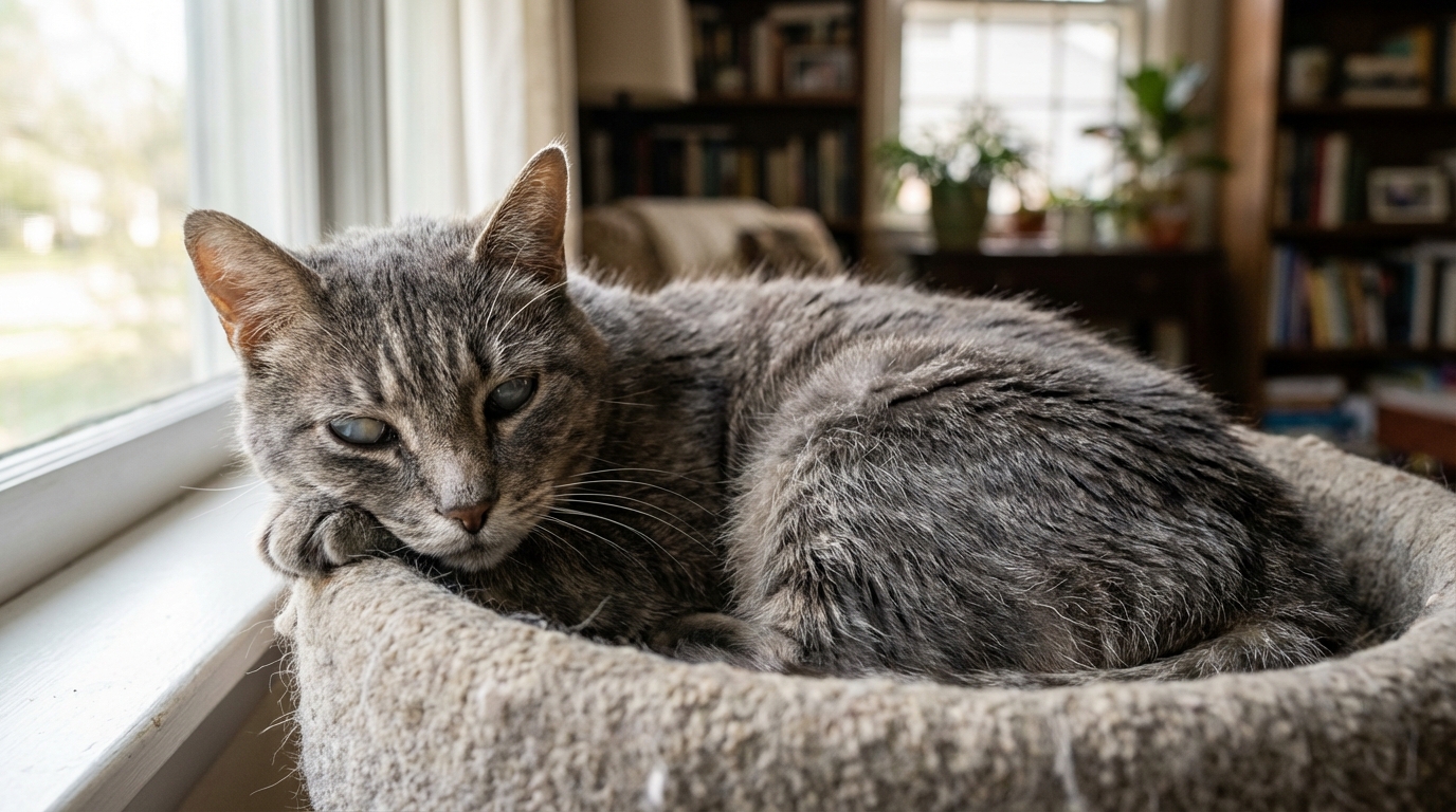 Un vieux chat tigré gris au regard triste et fatigué, couché dans un panier douillet, symbolisant la vulnérabilité de Grigri.
