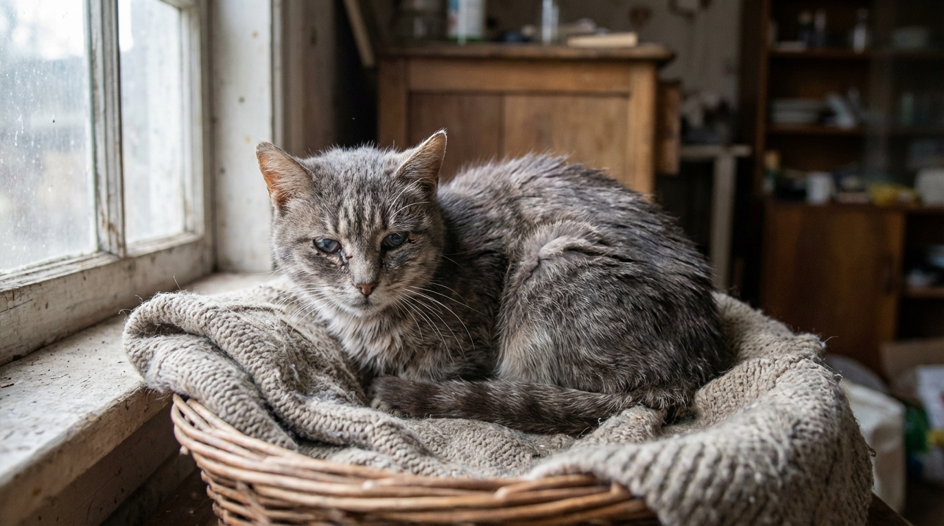 Un vieux chat tigré gris, ressemblant à Grigri, couché sur une couverture, avec un regard empreint de tristesse et de lassitude.