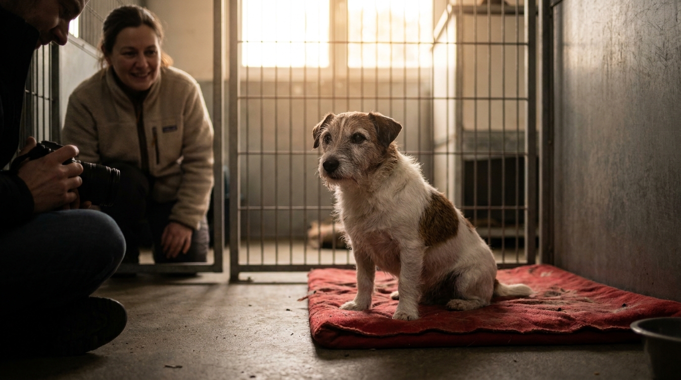 Oliver, un Jack Russel de 11 ans, pose pour un photographe dans un refuge de Lille dans l'espoir de trouver une nouvelle famille.