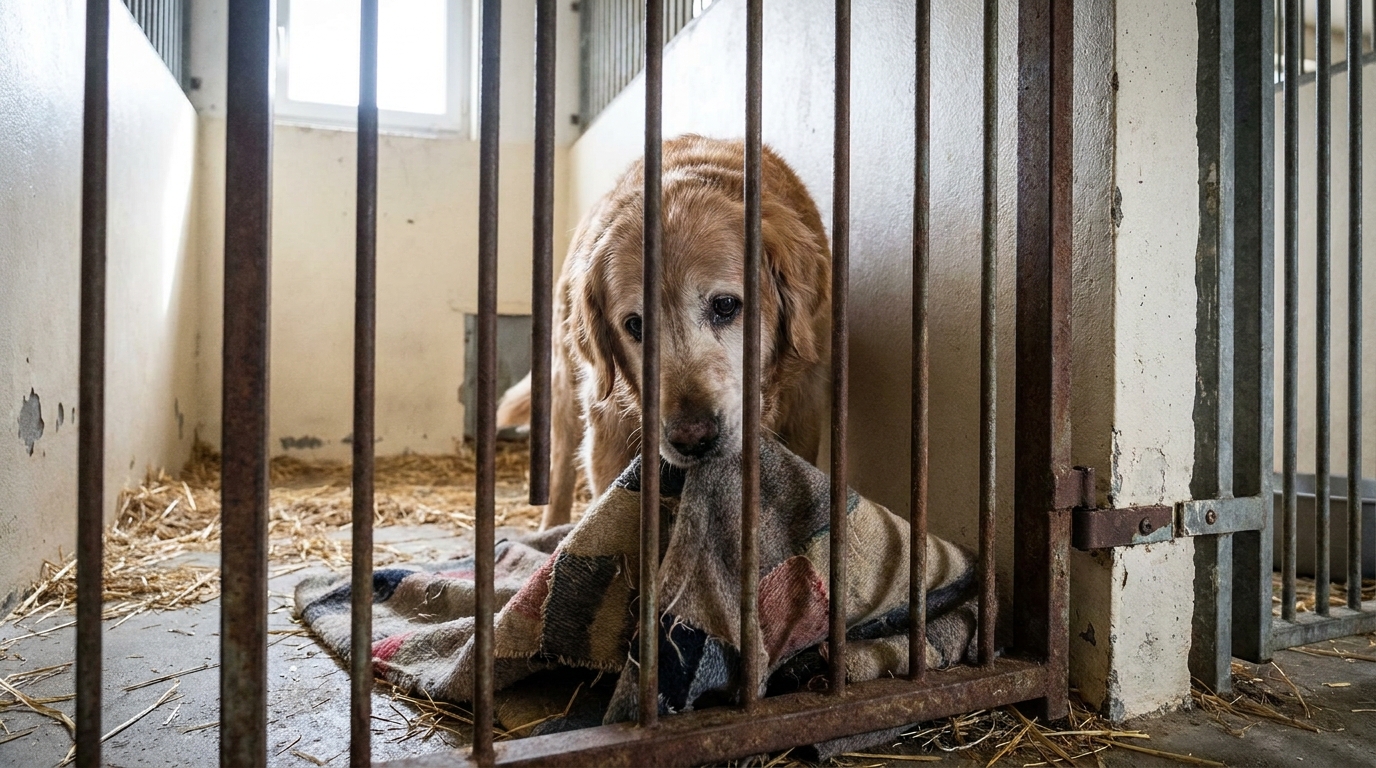 Un vieux chien au regard triste, couché sur sa couverture dans le coin d'un box de refuge, attendant une nouvelle famille.