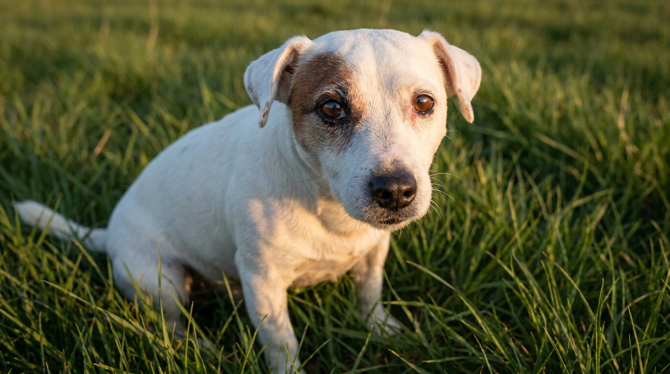 Un vieux chien de race Jack Russel, blanc avec des taches marron, assis dans l'herbe et regardant la caméra avec une expression triste.